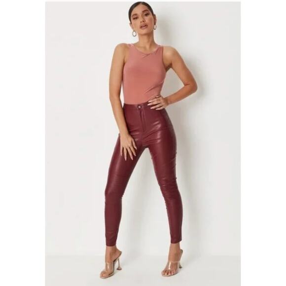 NWT Missguided Faux Leather Biker Slim Leg Trouser Burgundy Red Size 4 - Picture 1 of 9